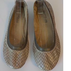EUC Bandolino Ballet Flats in Golden Biege Faux snakeskin with pewter trim.
